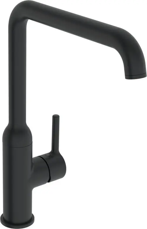 Schwarze Küchenarmatur von HANSA mit langem, gebogenen Auslauf und seitlichem Hebel zur Steuerung des Wasserflusses.
